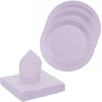 Santex servies set karton - 20x bordjes/20x servetten - lila paars - Feestbordjes