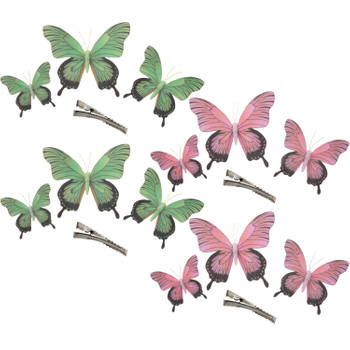 Othmar Decorations Decoratie vlinders op clip 12x stuks - groen/roze - 12/16/20 cm - Hobbydecoratieobject