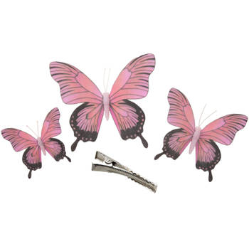 3x stuks decoratie vlinders op clip - roze - 3 formaten - 12/16/20 cm - Hobbydecoratieobject