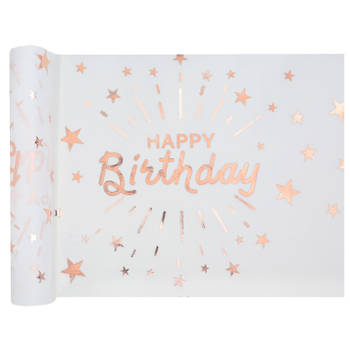 Santex Verjaardag tafelloper op rol - wit/rose goud - 30 x 500 cm - Feesttafelkleden