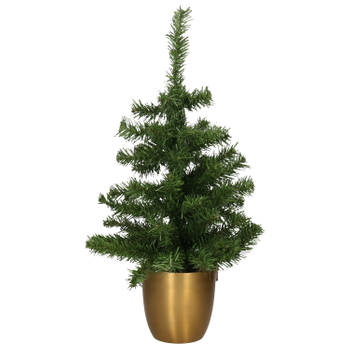 Kunst kerstboom/kunstboompje groen in gouden pot H60 cm - Kunstkerstboom