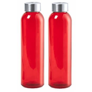 Glazen waterfles/drinkfles/sportfles - 2x - rood - met RVS dop - 500 ml - Drinkflessen