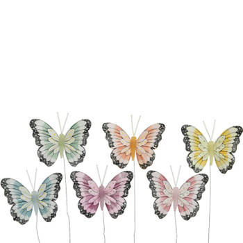 6x stuks decoratie vlinders op draad gekleurd - 8 cm - Hobbydecoratieobject