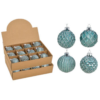 24x stuks luxe gedecoreerde glazen kerstballen turquoise blauw 6 cm - Kerstbal