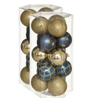 30x stuks kerstballen mix goud/blauw gedecoreerd kunststof 5 cm - Kerstbal