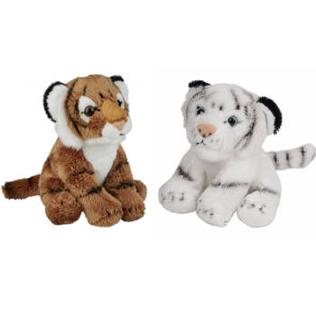 Safari dieren serie pluche knuffels 2x stuks - Witte en Bruine Tijgers van 15 cm - Knuffeldier
