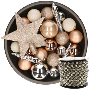 Kunststof kerstballen 33x st bruin-wit-zilver met piek en kralenslinger zilver - Kerstbal