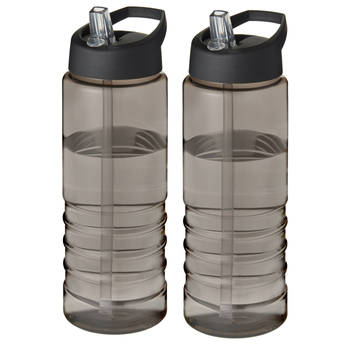 Sport bidon Hi-eco gerecycled kunststof - 2x - drinkfles/waterfles - donkergrijs/zwart - 750 ml - Drinkflessen