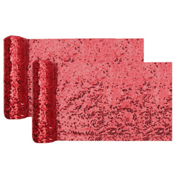 Santex Kerst tafelloper op rol - 2x - polyester - rood pailletten - 30 x 300 cm - Tafellakens
