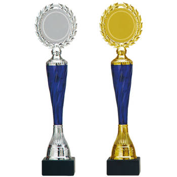 Luxe trofee/prijs - goud/blauw incl. zilver blauw - metaal - 32 x 8 cm - Fopartikelen
