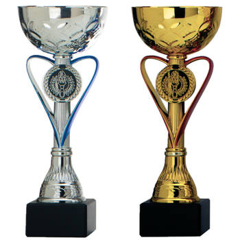 Luxe trofee/prijs beker - zilver blauw hart - goud rood hart - 20 x 8 cm - Fopartikelen
