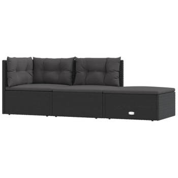 vidaXL 3-delige Loungeset met kussens poly rattan zwart