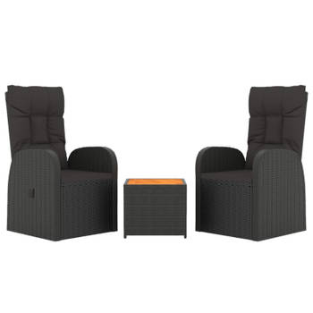 vidaXL 3-delige Loungeset poly rattan en massief acaciahout zwart