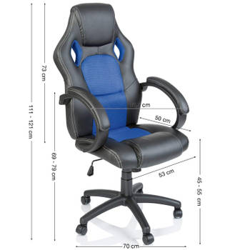 Racing bureaustoel zwart/blauw, gevoerde armleuningen, kantelmechanisme, gasveer SGS getest