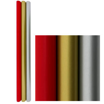 Kerstpapier Cadeaupapier voor Kerst - 80 grams Gecoat Papier - Rood Zilver Goud - 3 meter x 70 cm- 3 Rollen