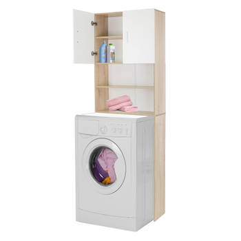 ECD Germany Wasmachinekast met 2 deuren en 2 open vakken, 190x62,5 cm, wit/Sonoma eik, badkamermeubel voor wasmachine