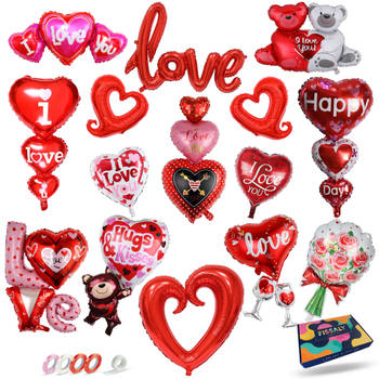 Fissaly® 15 Stuks Liefde & Hartjes Folie Ballonnen Decoratie Set – I Love You Versiering - Rood - Valentijn - Moederdag