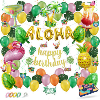 Fissaly® 78 Stuks Hawaii Flamingo, Ananas & Palmbladeren Feest Decoratie – Aloha & Tropisch – Slingers & Ballonnen