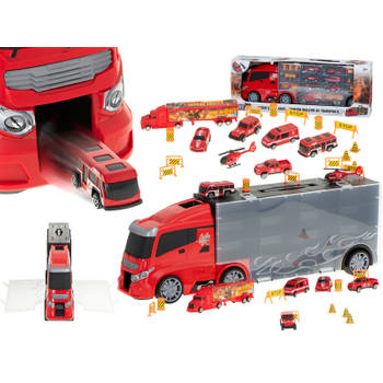 20 delige Brandweer truck vrachtwagen met auto opberger en launcher 57cm rood