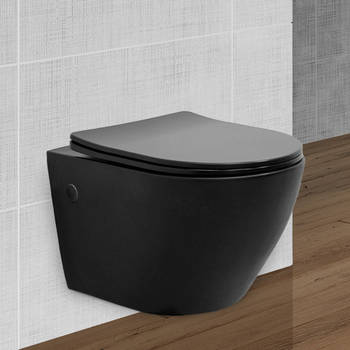 Vlakke, randloze wandtoilet 360x390x495 mm Mat zwart, gemaakt van Duroplast