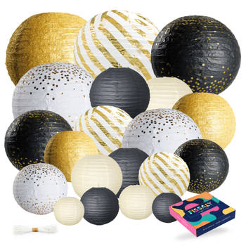 Fissaly® 20 Stuks Lampionnen Set Versiering Zwart, Goud & Wit – Feest Decoratie – Bruiloft, Trouwen & Verjaardag