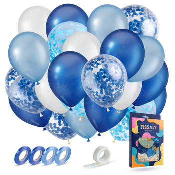 Fissaly® 40 stuks Blauw, Wit & Donkerblauw Helium Ballonnen met Lint – Versiering Decoratie – Papieren Confetti – Latex