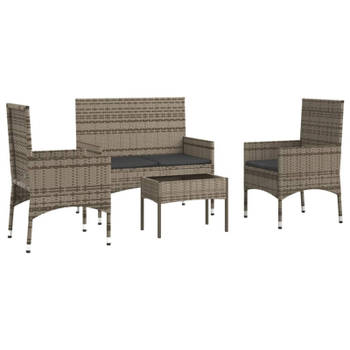 vidaXL 4-delige Loungeset met kussens poly rattan grijs