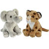 Safari dieren serie pluche knuffels 2x stuks - Olifant en Luipaard van 15 cm - Knuffeldier