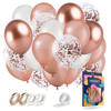 Fissaly® 40 stuks Rose Goud, Wit & Chrome Helium Ballonnen met Lint – Verjaardag Decoratie – Papieren Confetti – Latex