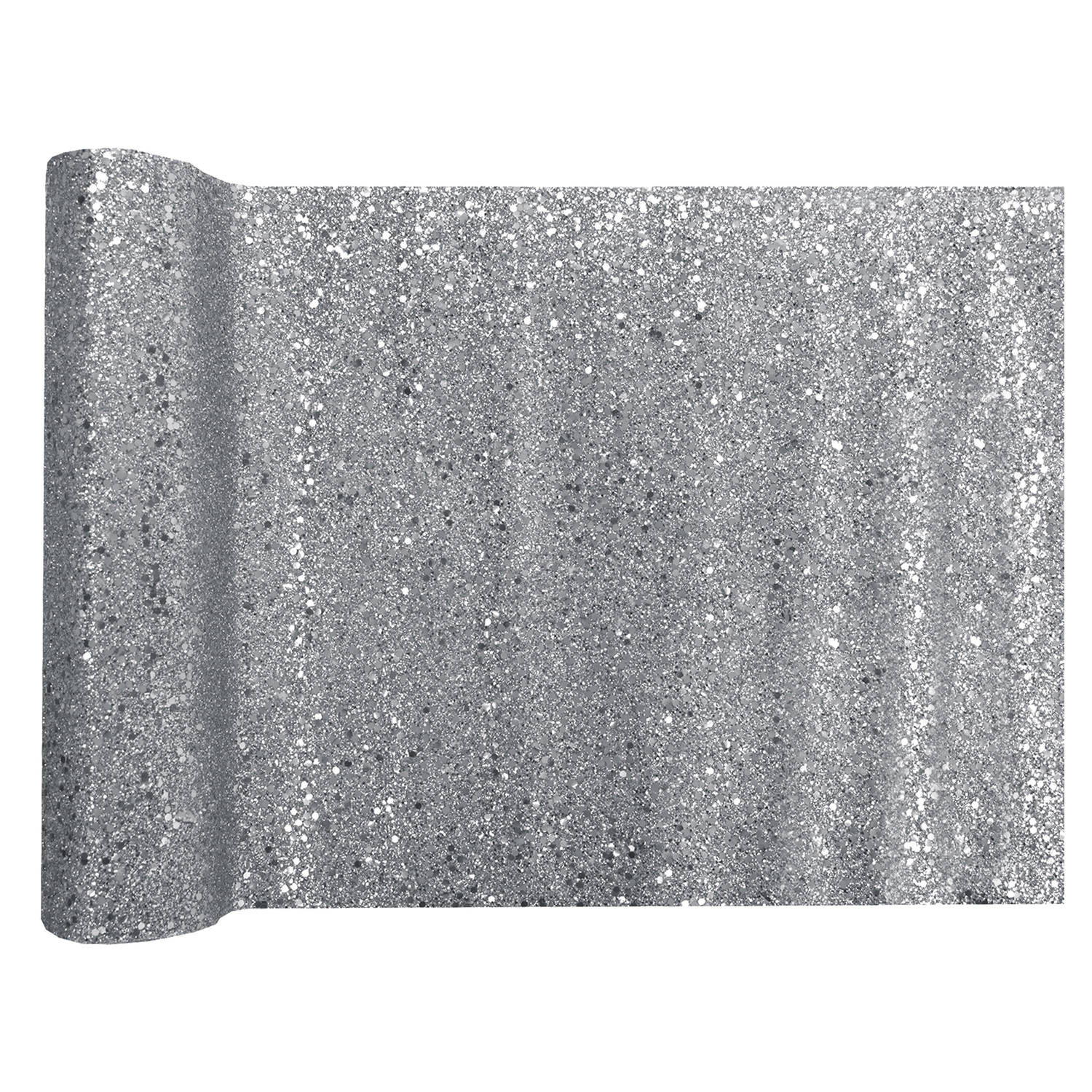 Santex Glitter Tafelloper op rol - zilver - 28 x 300 cm - polyester