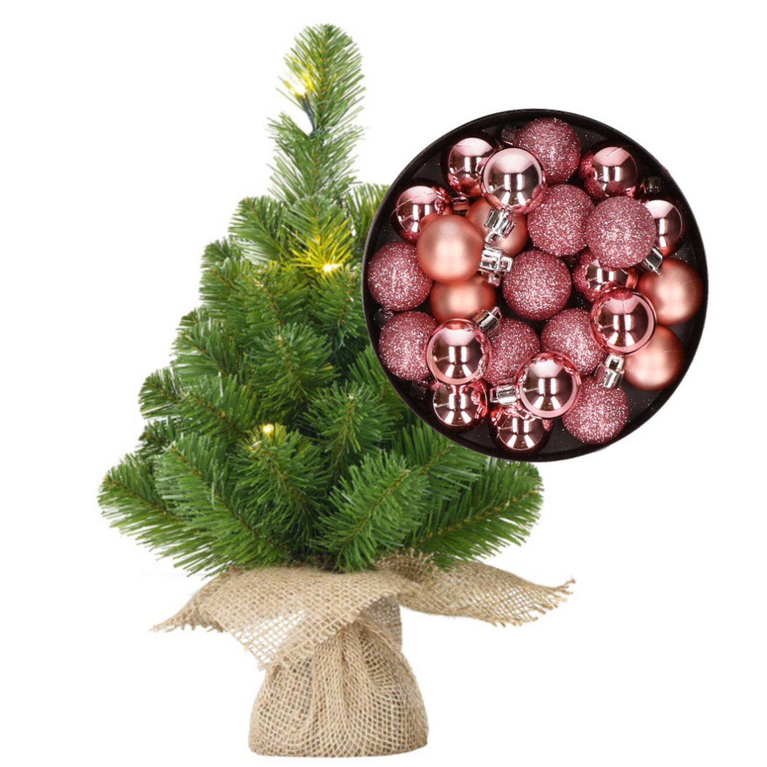 Mini Kerstboom-kunstboom Met Verlichting 45 Cm En Inclusief Kerstballen Roze Kunstkerstboom