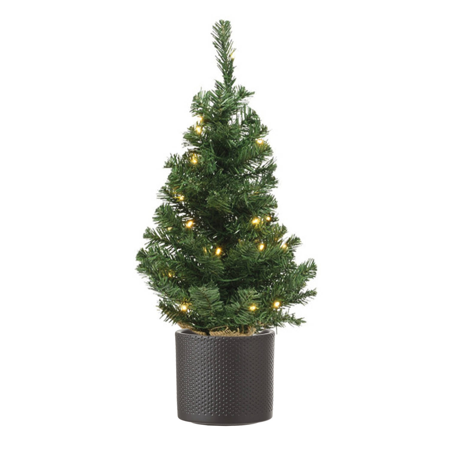 Volle mini kerstboom groen in jute zak met verlichting 60 cm en donkergrijze pot Kunstkerstboom