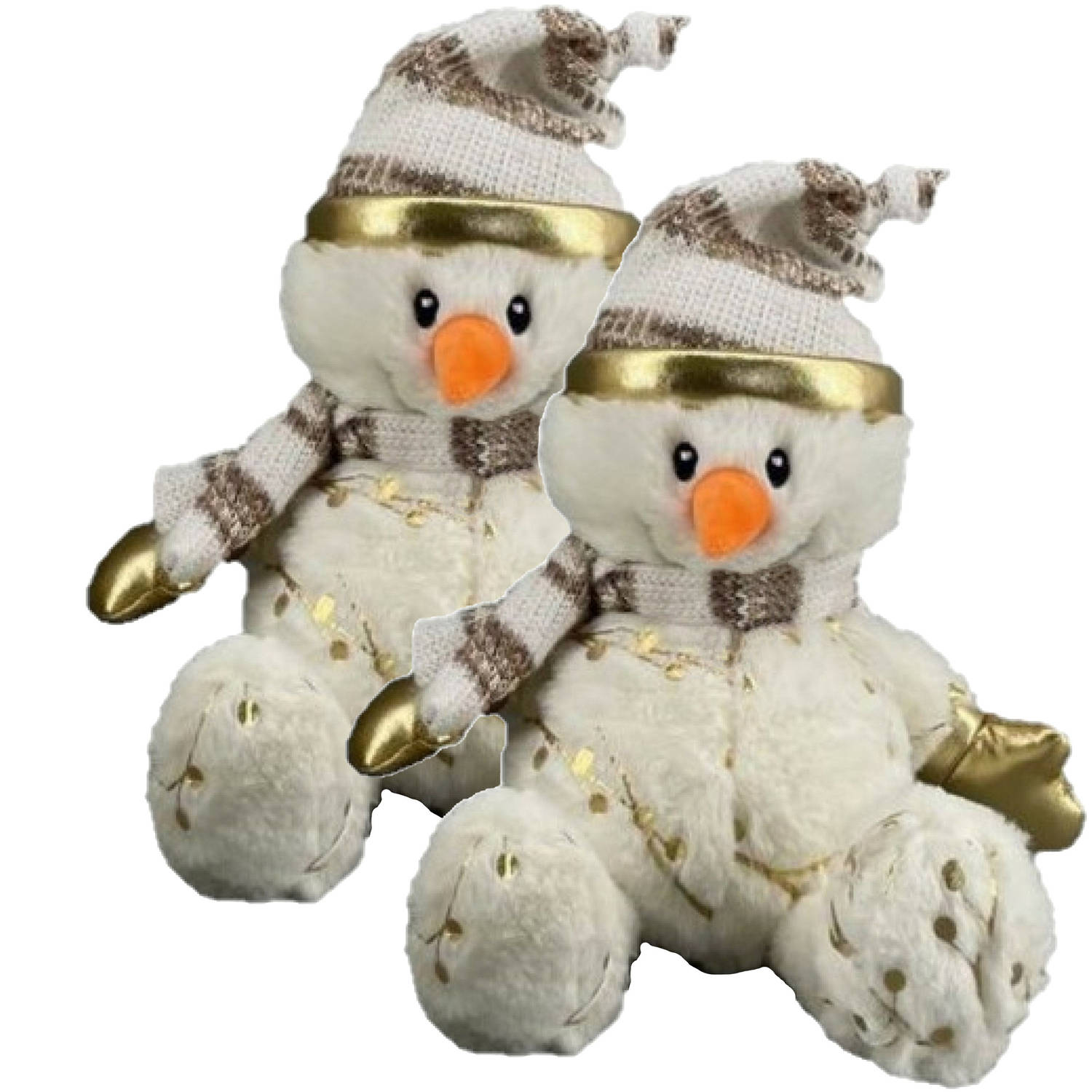 2x stuks pluche sneeuwpop knuffels pop met muts en sjaal 23 cm Knuffelpop