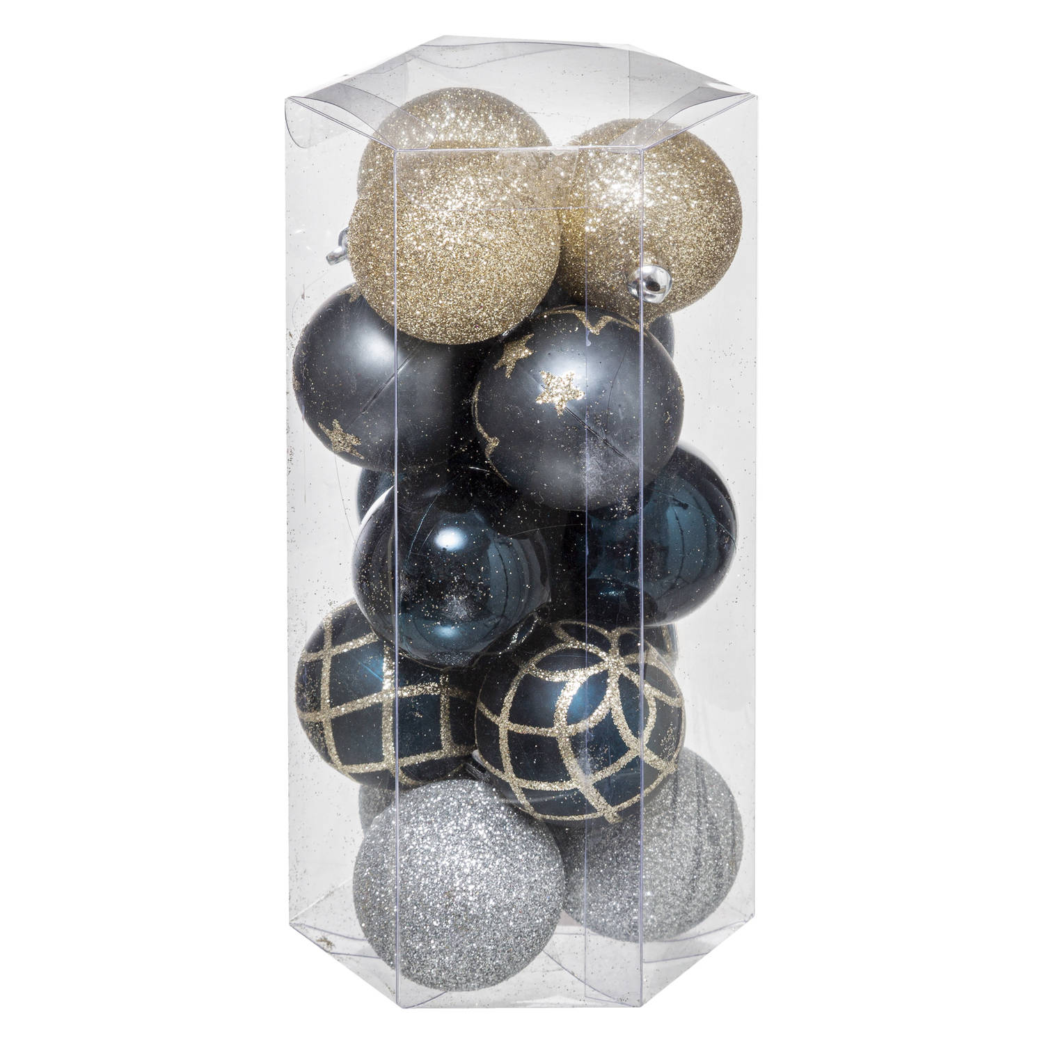 15x stuks kerstballen mix goud/blauw/zilver gedecoreerd kunststof 5 cm - Kerstbal