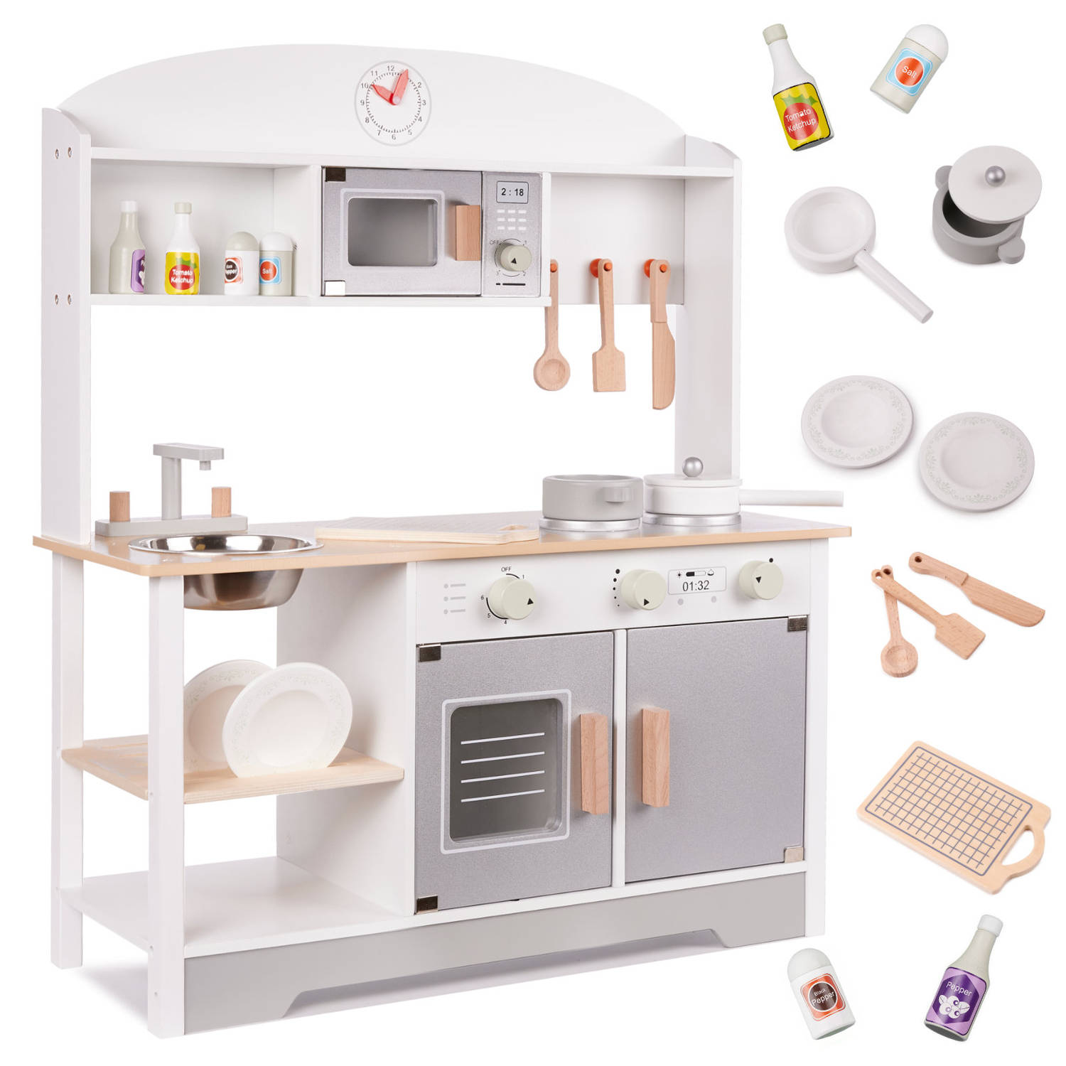Luxe Moderne houten speelgoed keuken speelkeuken met gratis accessoires 68 cm x 25,5 cm x 82 cm