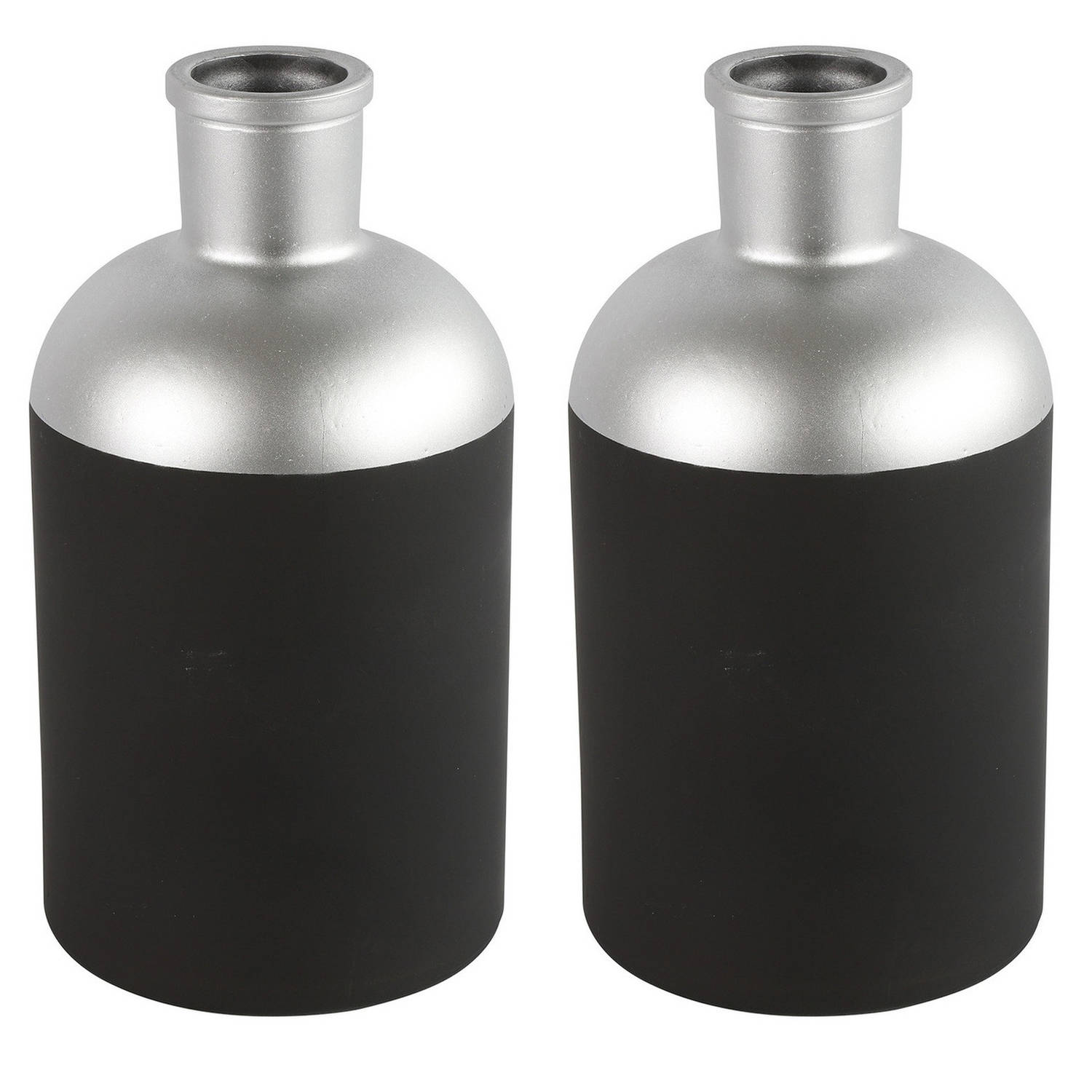 Countryfield Bloemen-deco Vaas 2x Zwart-zilver Glas Luxe Fles Vorm D14 X H26 Cm Vazen