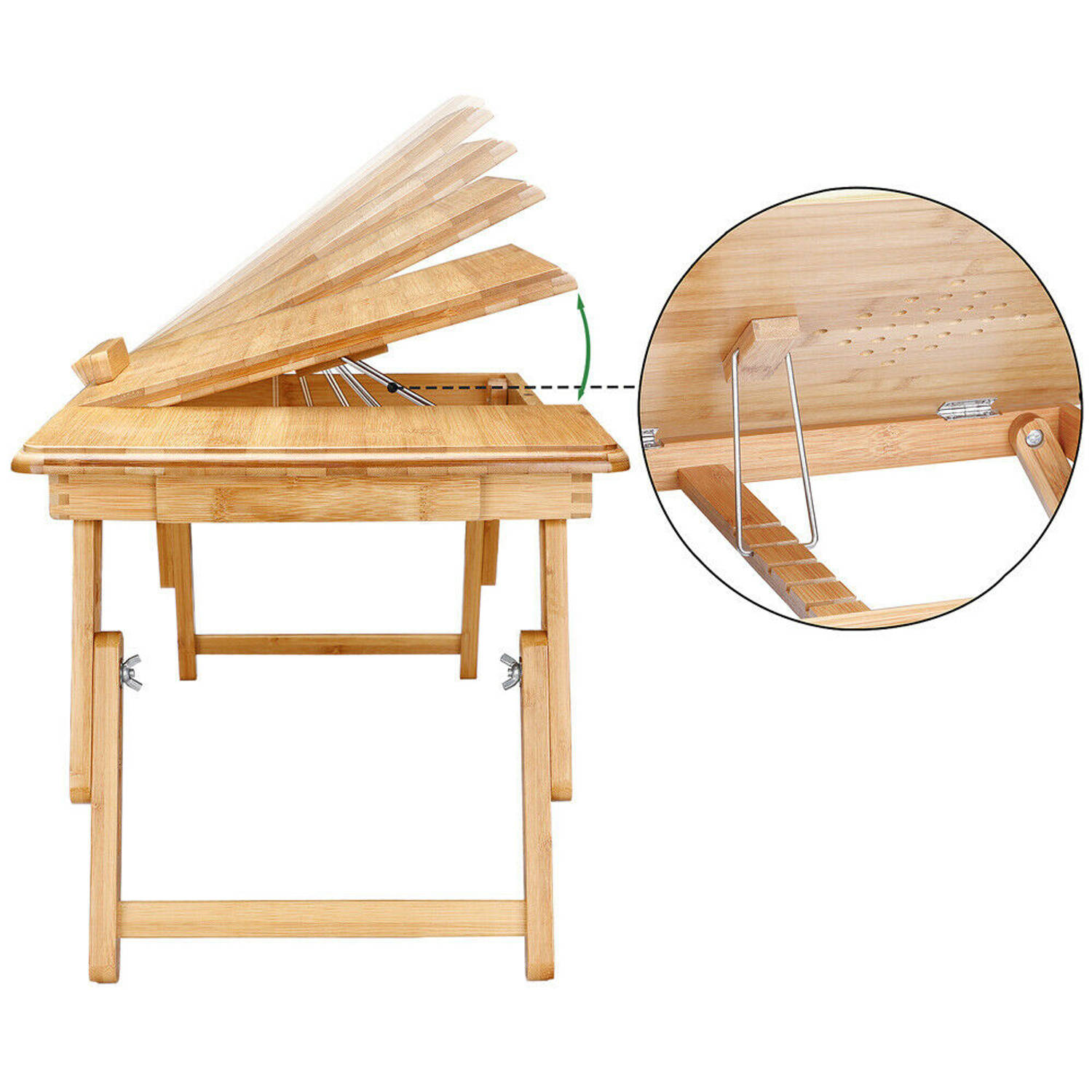 Bamboe laptoptafel - Laptopstand - opklapbaar en verstelbare laptoptafel in hoogtes incl. schuiflade - met ventilatie...