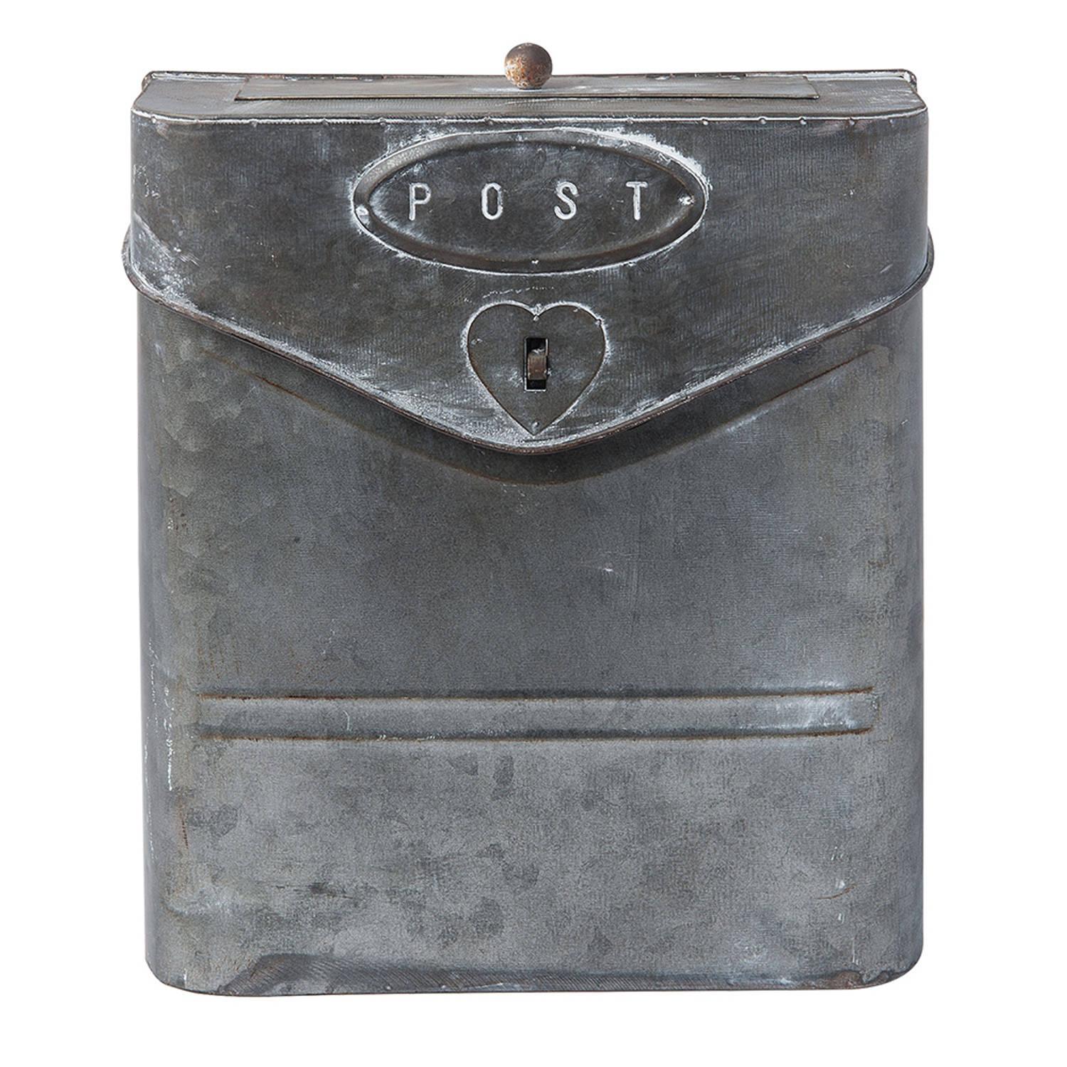 HAES DECO - Brievenbus vintage grijs metaal met Hartje en tekst "POST", formaat 24x8x29 cm