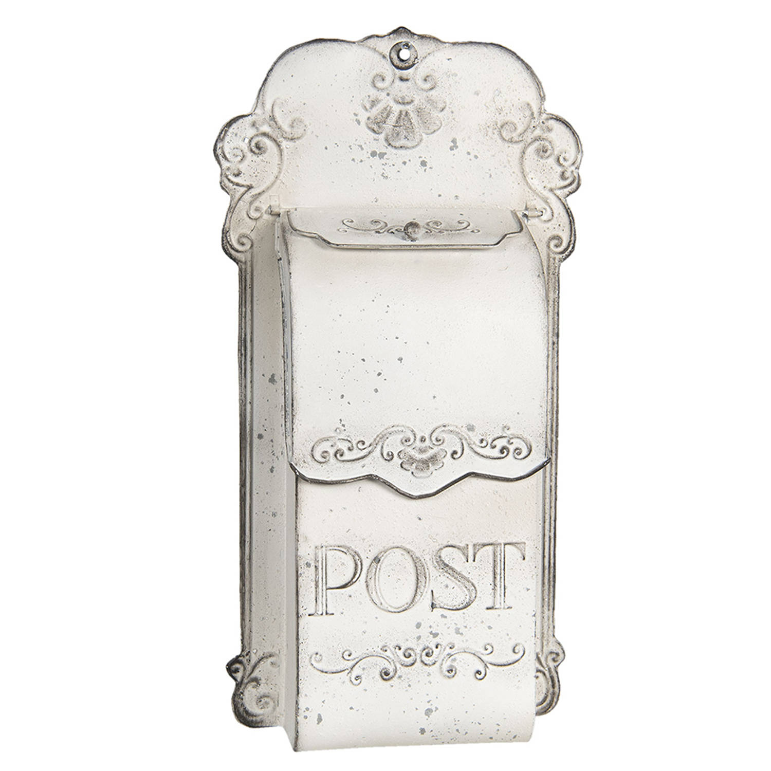 HAES DECO - Brievenbus vintage wit metaal met ornamenten en tekst ""POST"", formaat 24x8x46 cm