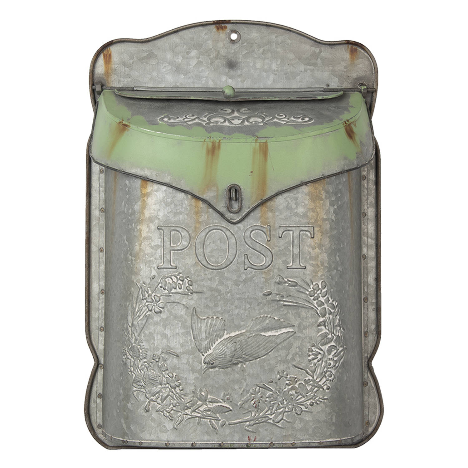 HAES DECO - Brievenbus vintage grijs / groen metaal met Vogel bedrukt en tekst "POST", formaat 27x8x39 cm