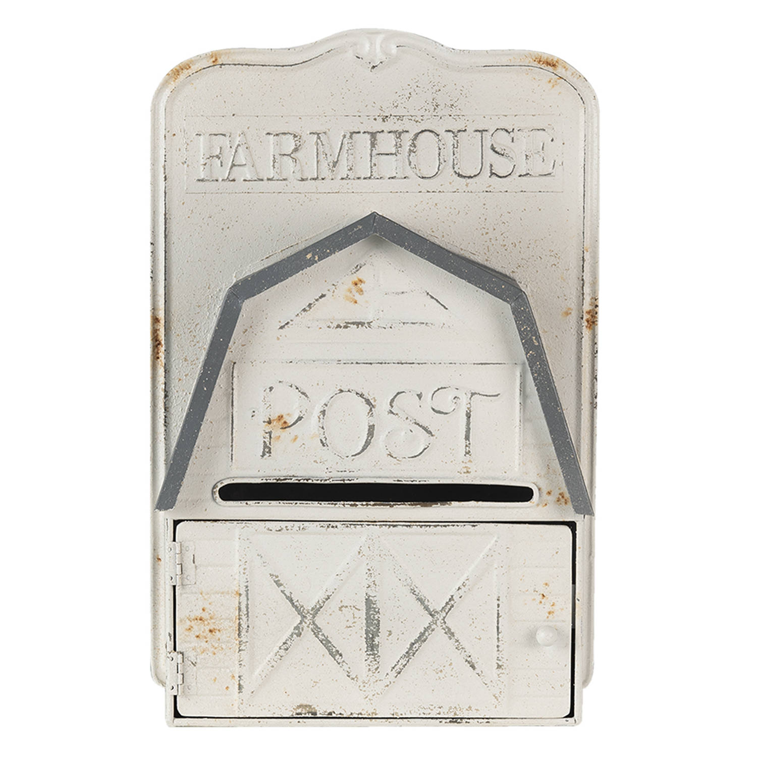 HAES DECO Brievenbus vintage wit metaal in de vorm van een schuur met de tekst FARMHOUSE POST, forma