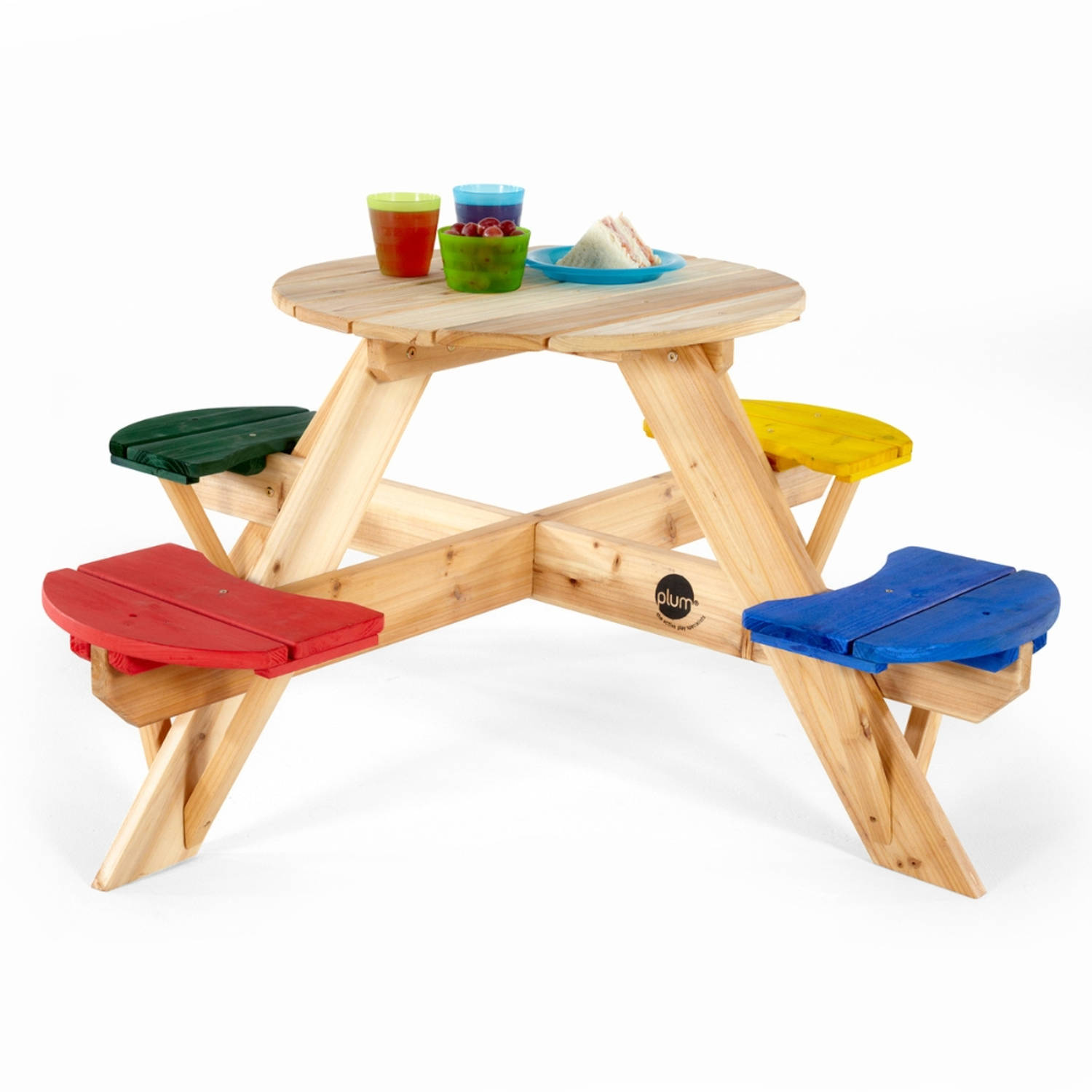 Plum Ronde Kinder Picknicktafel met gekleurde stoelen Hout Naturel