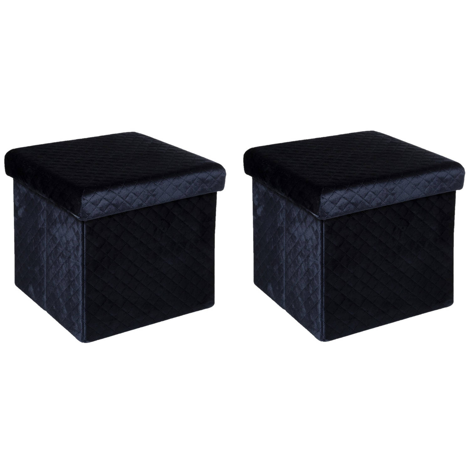 Poef-hocker 2x opbergbox fluweel zwart kunststof-mdf 31 x 31 x 31 cm opvouwbaar Krukjes