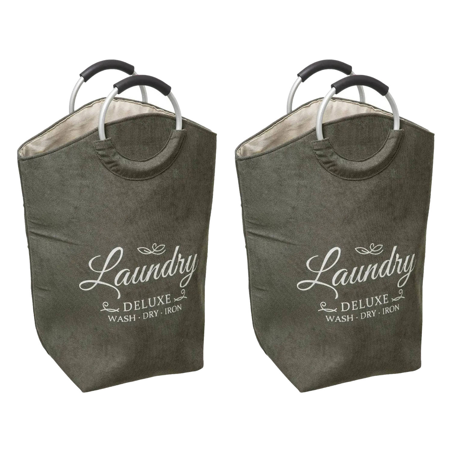 5Five Wasmand XXL wasgoed zak met hengsels - 2x - olijfgroen - 35 liter - 52 x 28 x 60 cm - Wasmanden