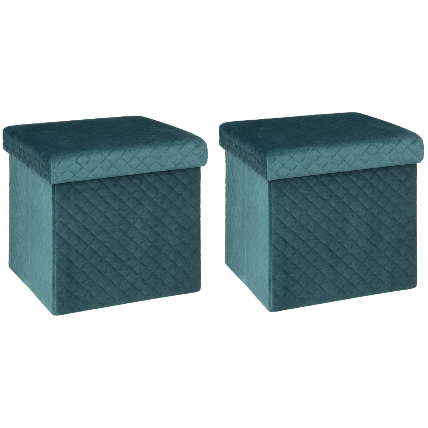 Poef/hocker - 2x - opbergbox - fluweel blauw - kunststof/mdf - 31 x 31 x cm - opvouwbaar - Krukjes | Blokker
