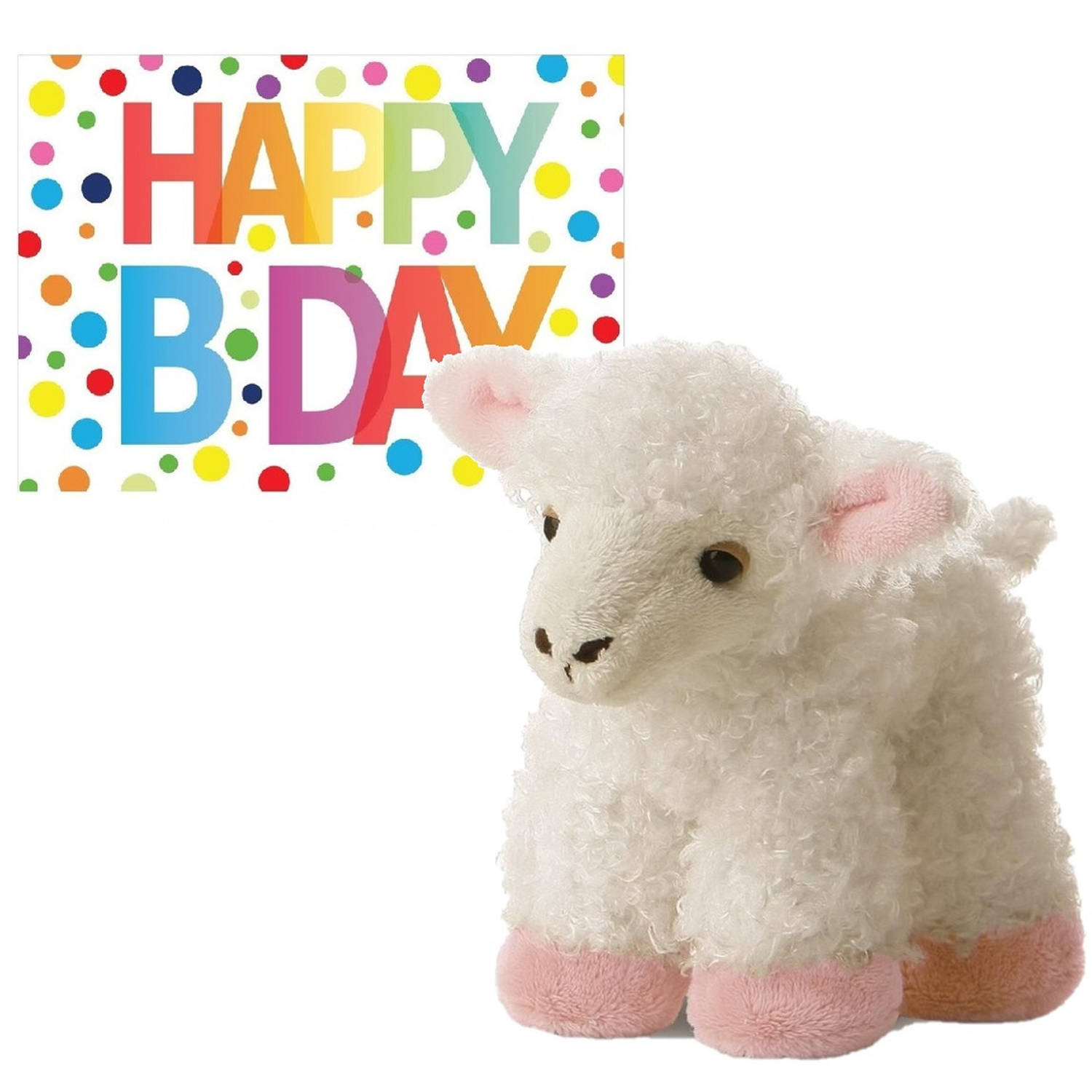 Pluche knuffel lammetje-schaap 20 cm met A5-size Happy Birthday wenskaart Knuffel boederijdieren