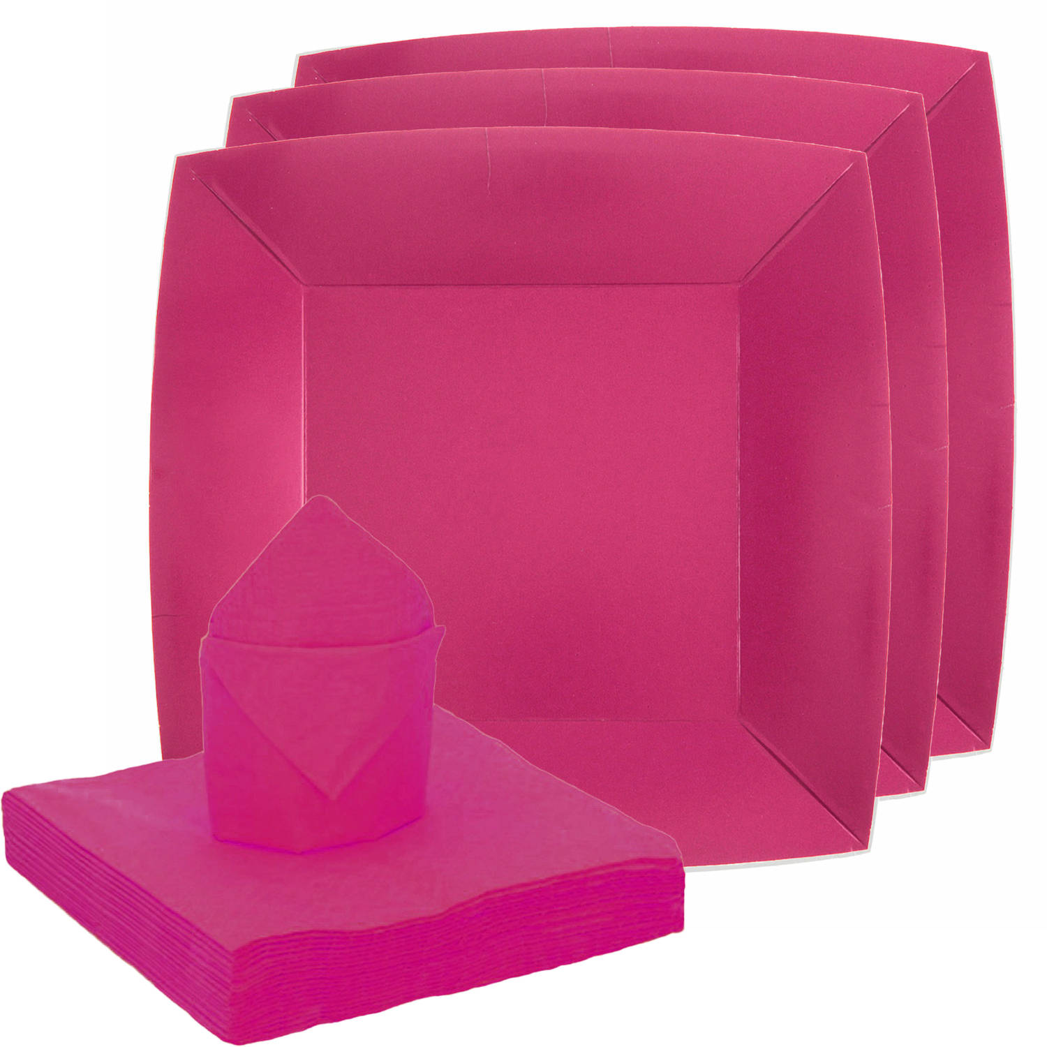Feest-verjaardag servies set 20x bordjes-25x servetten fuchsia roze karton Feestbordjes