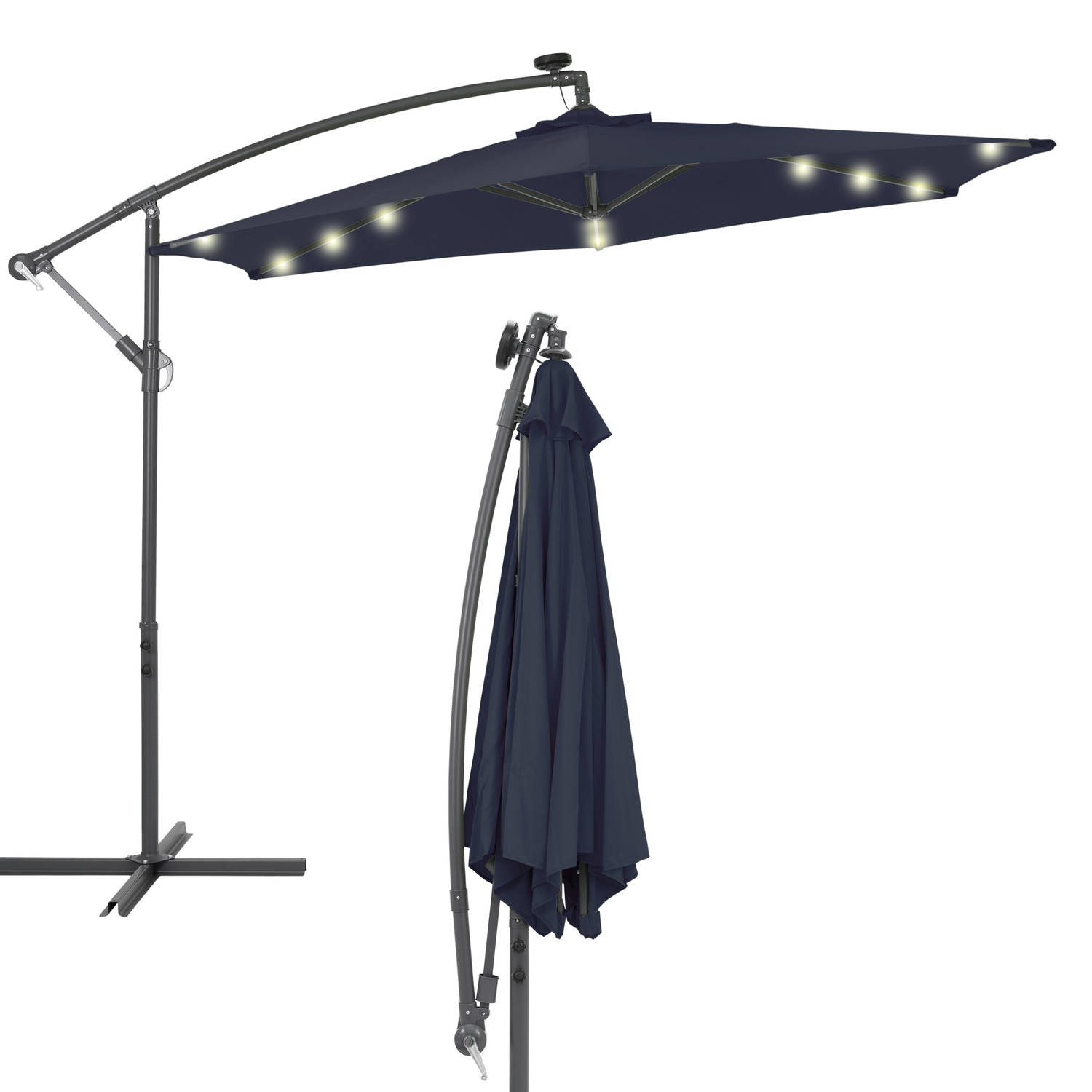 Verkeerslichtparaplu met zwengel en standaard incl. LED Solar Ø 300 cm Navy-Blauw, gemaakt van Polyester