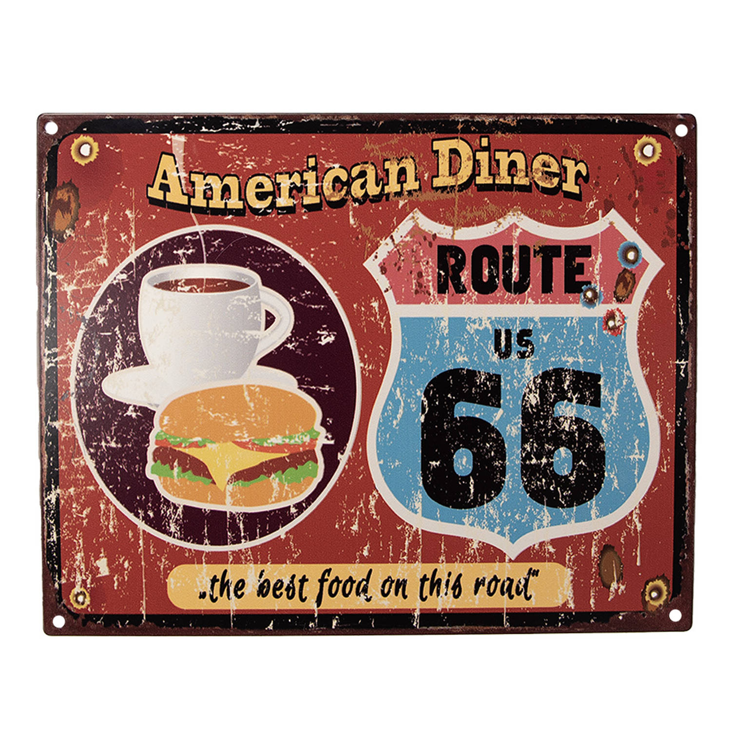Clayre & Eef Tekstbord 25x20 cm Rood Ijzer Hamburger en koffie American Diner the best food on this road Wandbord Spreuk Wandplaat