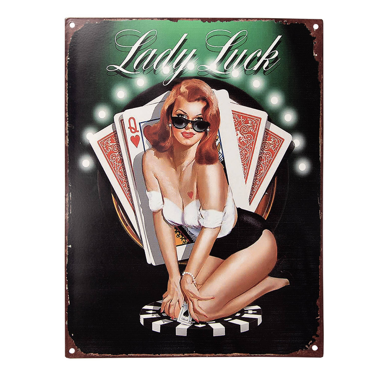 Clayre & Eef Tekstbord 25x33 cm Zwart Ijzer Speelkaarten Lady Luck Wandbord Spreuk Wandplaat